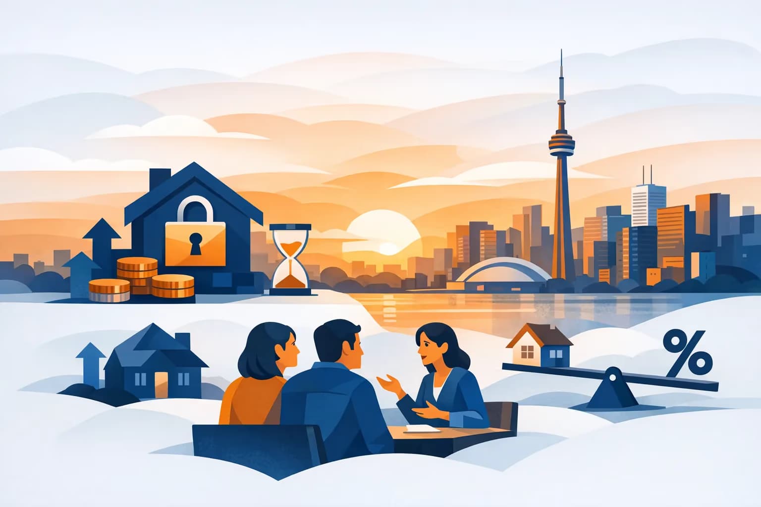 Canadian mortgage advisor meeting a couple in Toronto at sunset to review fixed mortgage options