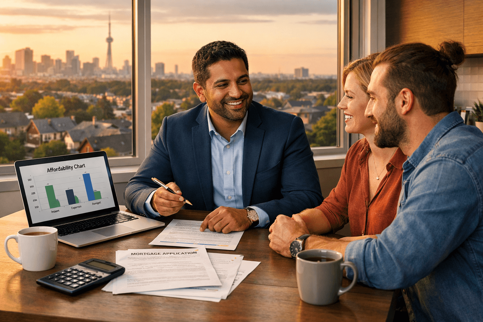 Canadian mortgage advisor meeting with a self-employed couple to review specialty mortgage options at sunset