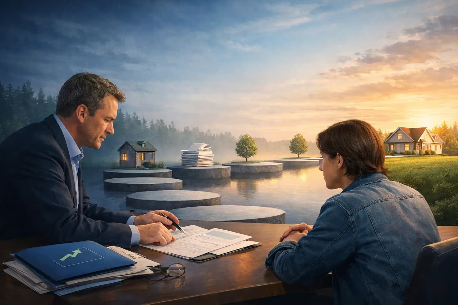 Mortgage broker and borrower reviewing a clear recovery plan for home ownership at sunset.