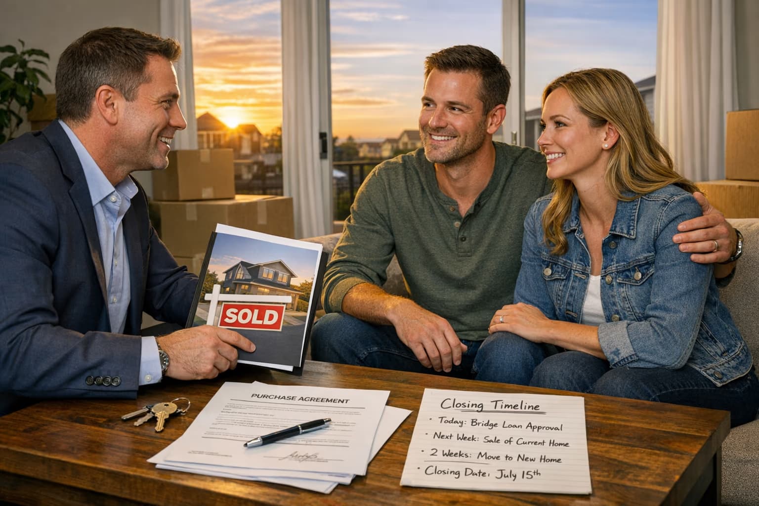 Canadian mortgage broker reviewing bridge financing closing timeline with a homebuying couple at sunset