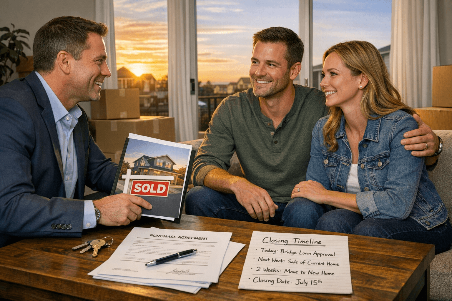 Canadian mortgage broker reviewing bridge financing closing timeline with a homebuying couple at sunset