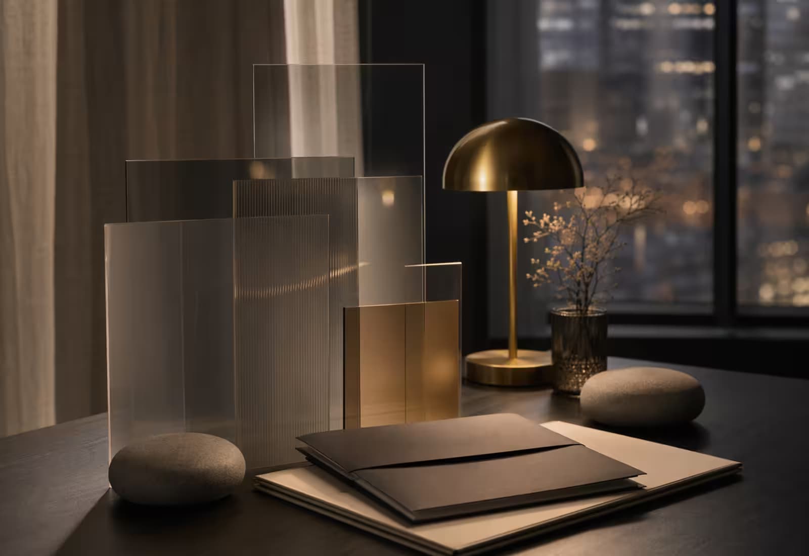 Quiet premium still life with glass panels and balanced objects, representing document readiness.