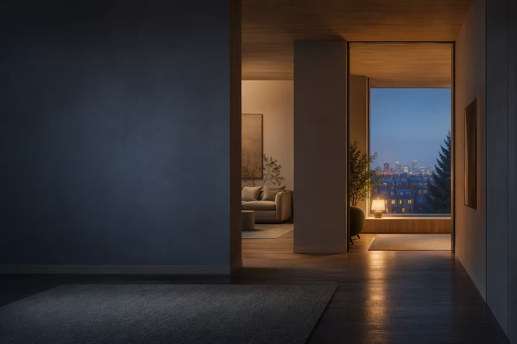 Quiet architectural threshold at blue hour, representing a calm separation mortgage decision.