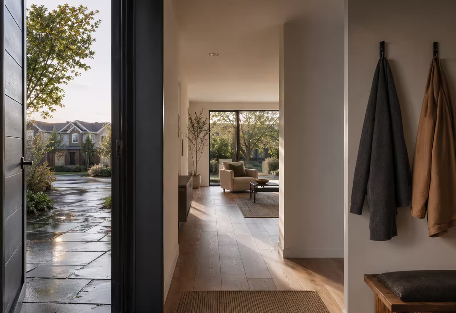 Quiet home entry after rain, representing a stable next step after separation mortgage planning.
