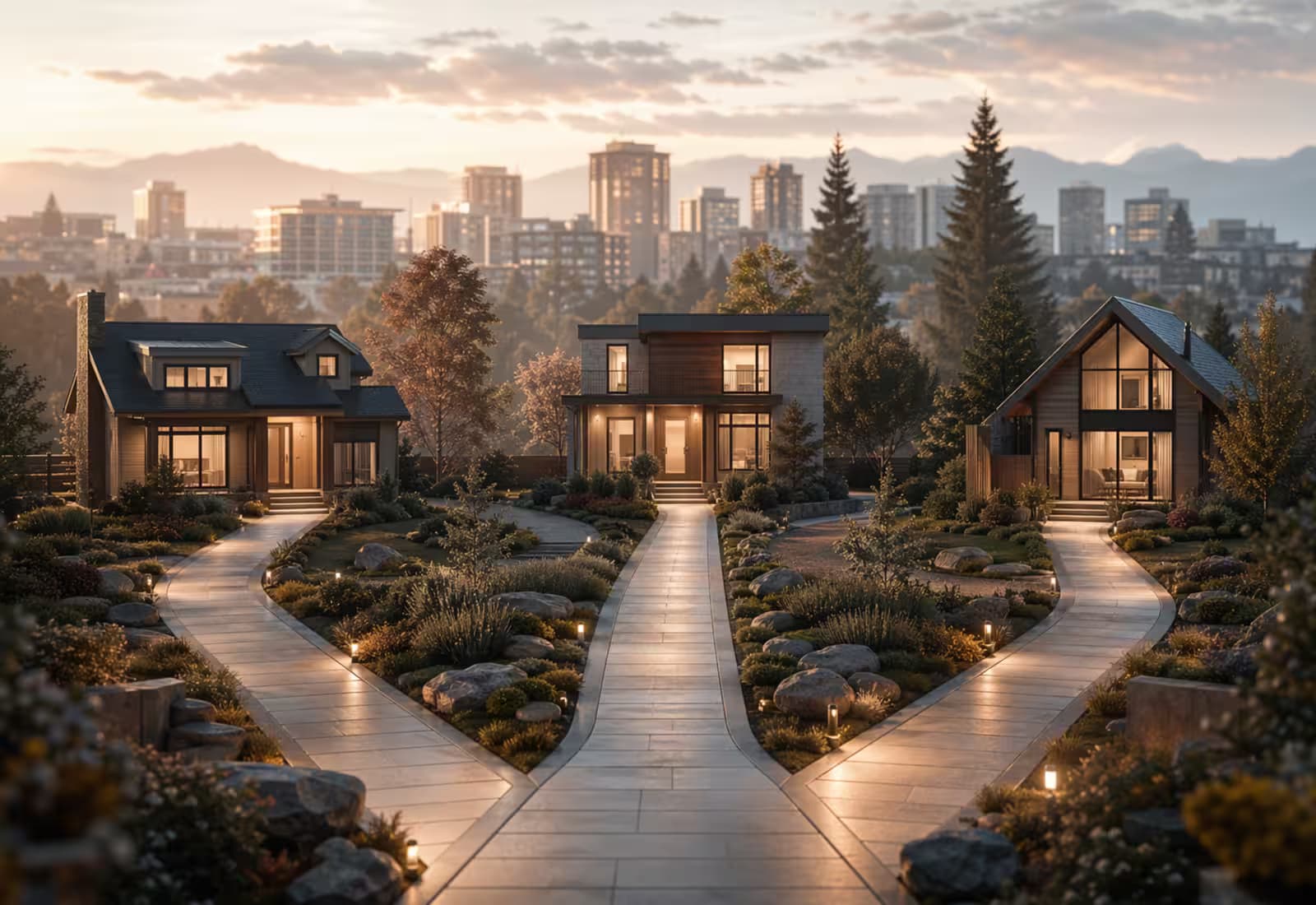 Three quiet illuminated paths leading toward different homes, representing buyout, sale, and transition choices.