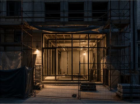 A partially stabilized building entrance with evening light and controlled transition work.