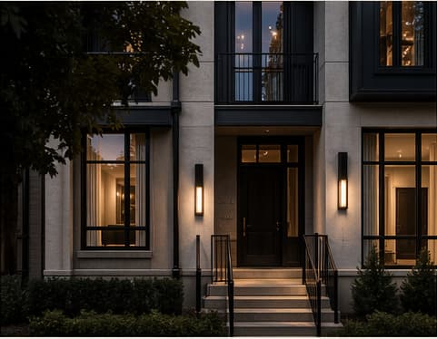 Refined exterior entrance of a premium rental property at dusk.