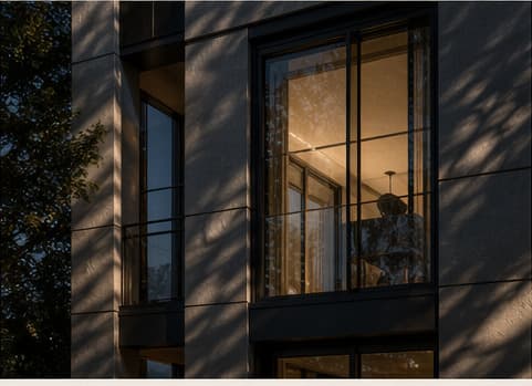 Calm evening geometry on a premium building facade.