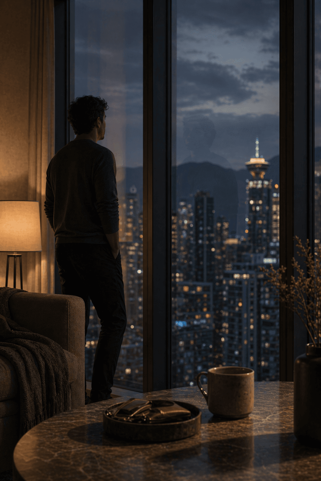 Editorial credit-context image showing a calm residential interior with a figure reflected in a window overlooking city lights.