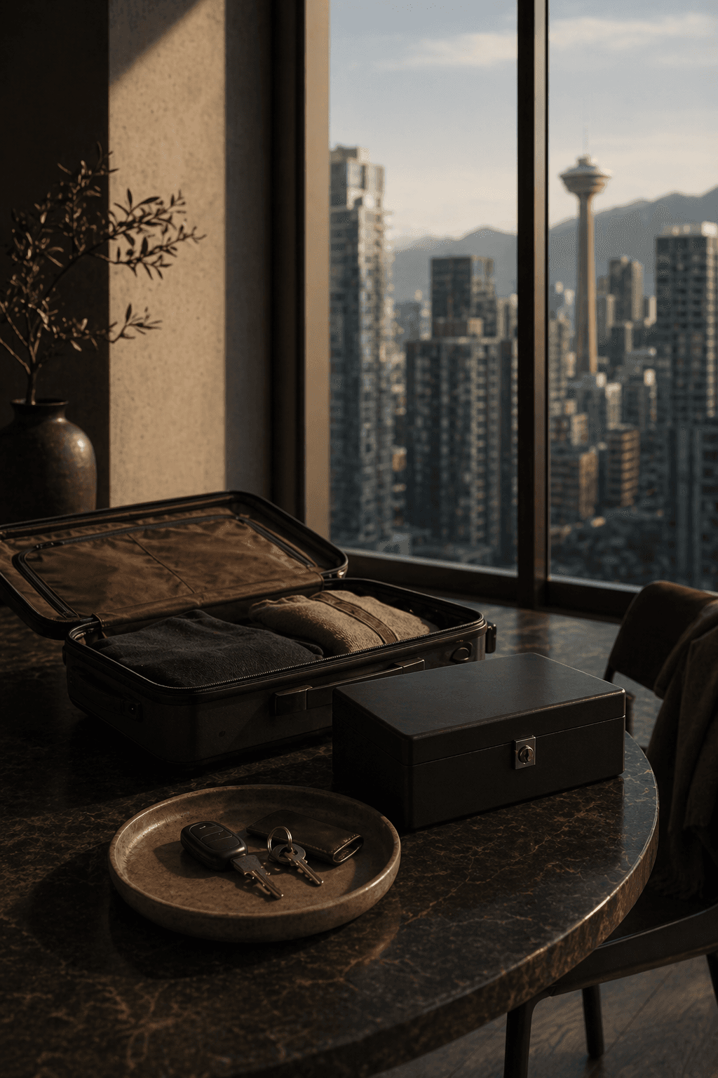 Editorial funds image showing a prepared suitcase, secure case, and essentials arranged on a stone table beside a city view.