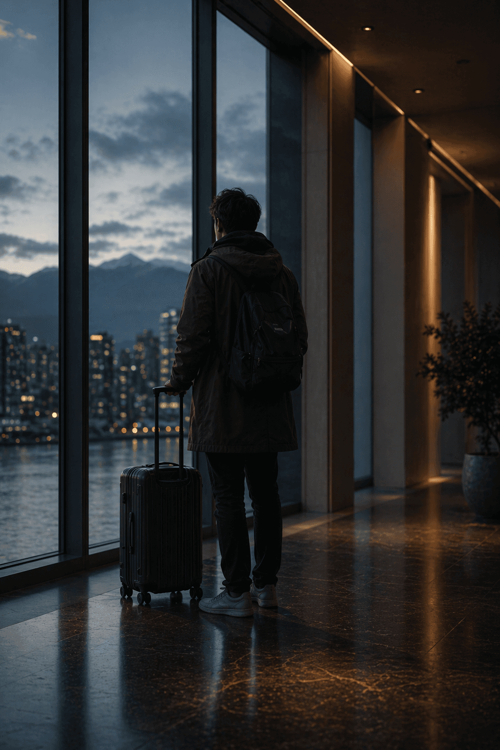 Editorial newcomer arrival image showing a traveler with luggage looking toward a Canadian skyline at blue hour.