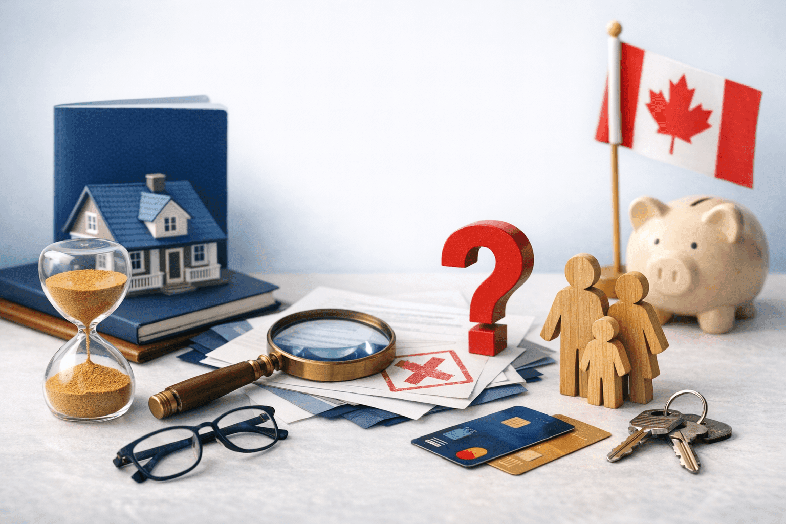 Friendly mortgage advisor meeting a newcomer couple in a modern Canadian condo at sunset while reviewing a homebuying plan