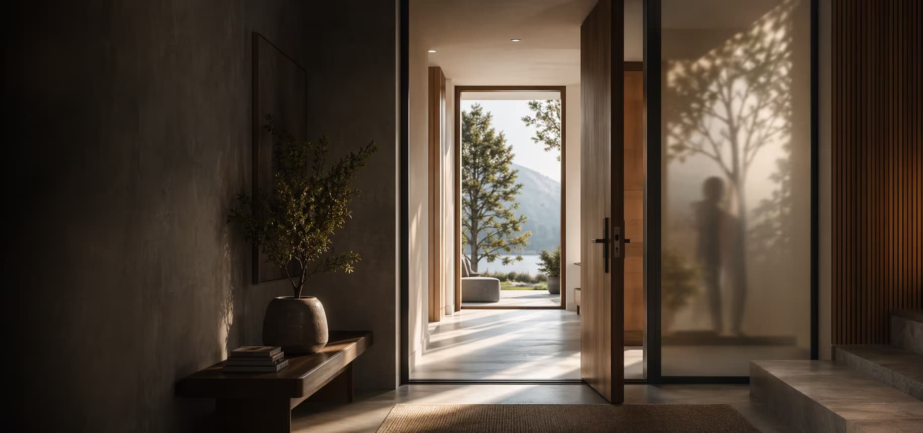 Warm architectural threshold inside a modern home, used as the hero image for the mortgage pre-approval service page.