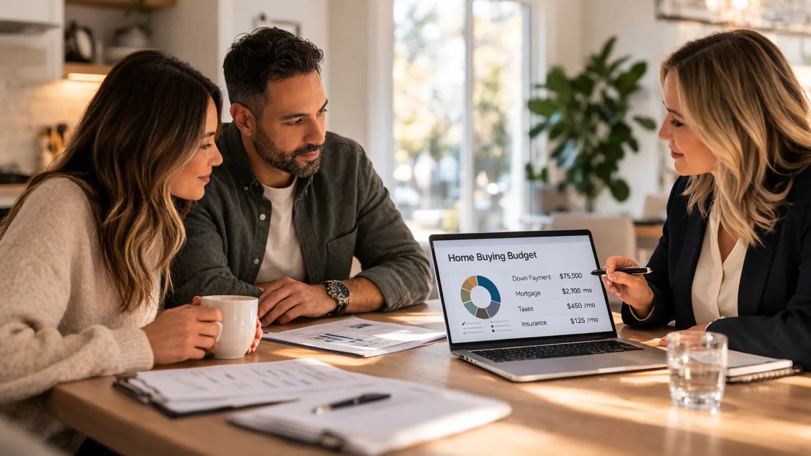 Buyer and mortgage advisor reviewing a calm, practical pre-approval budget together.