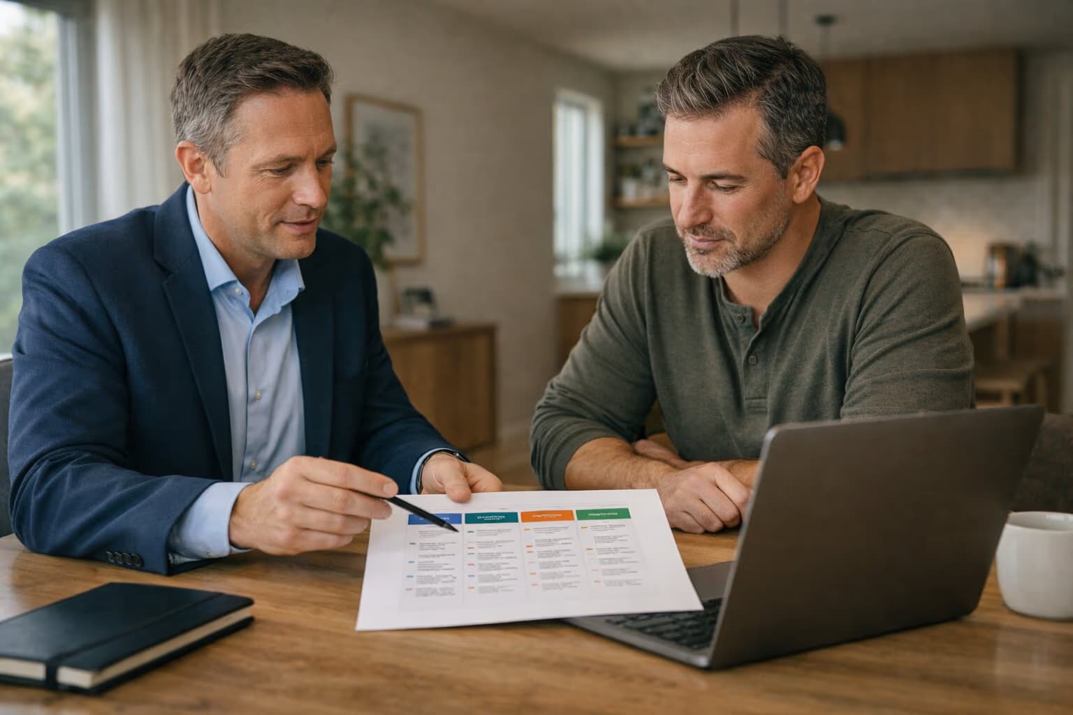 Mortgage advisor comparing refinance, renewal, HELOC, and second-mortgage pathways with a homeowner.