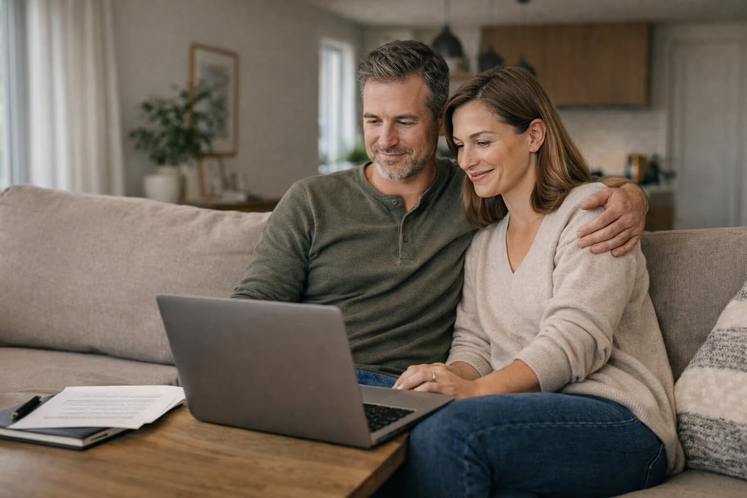 Homeowners reviewing a refinance decision together after comparing options with a mortgage advisor.