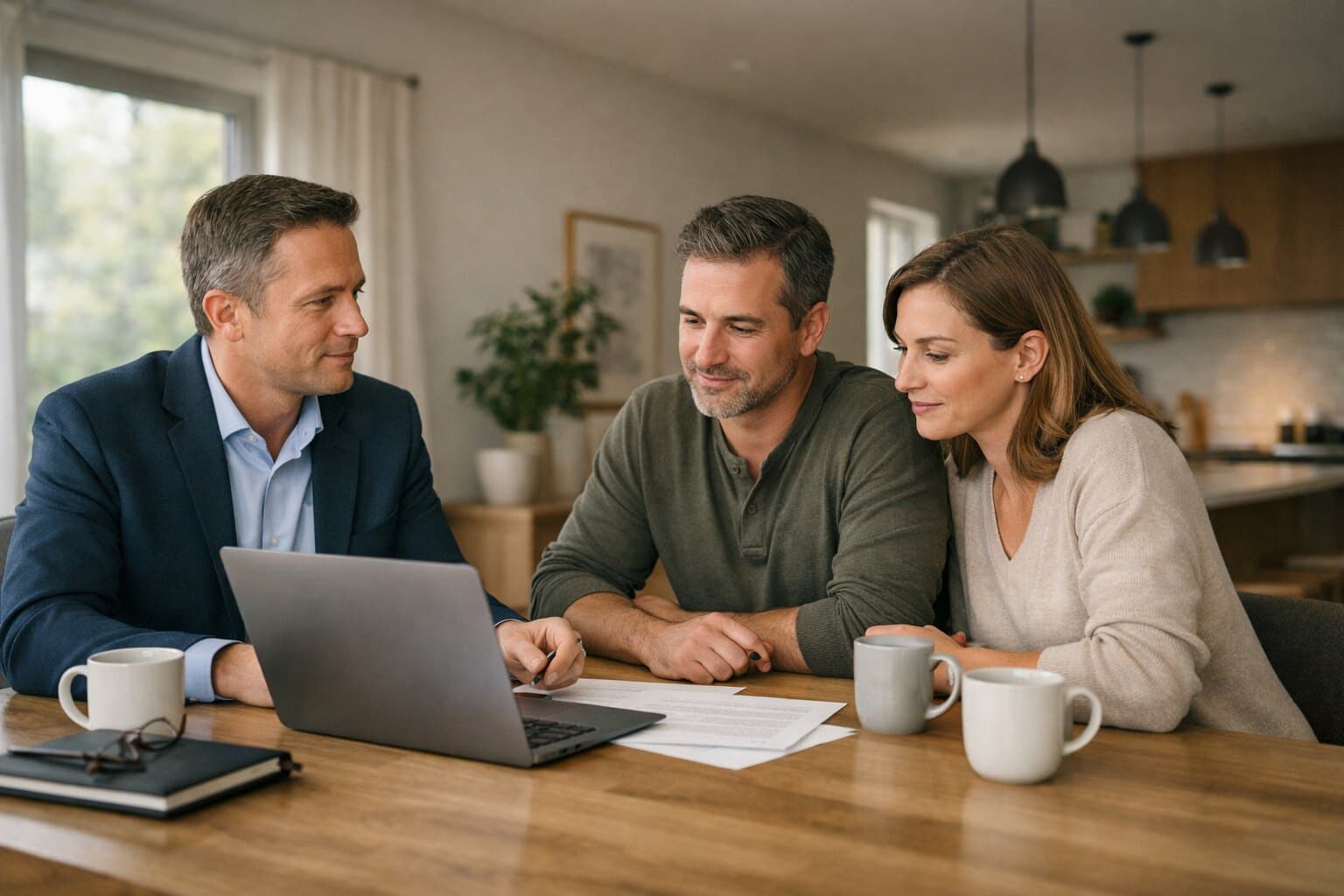 Homeowner and mortgage advisor reviewing refinance options together in a calm, premium planning environment.