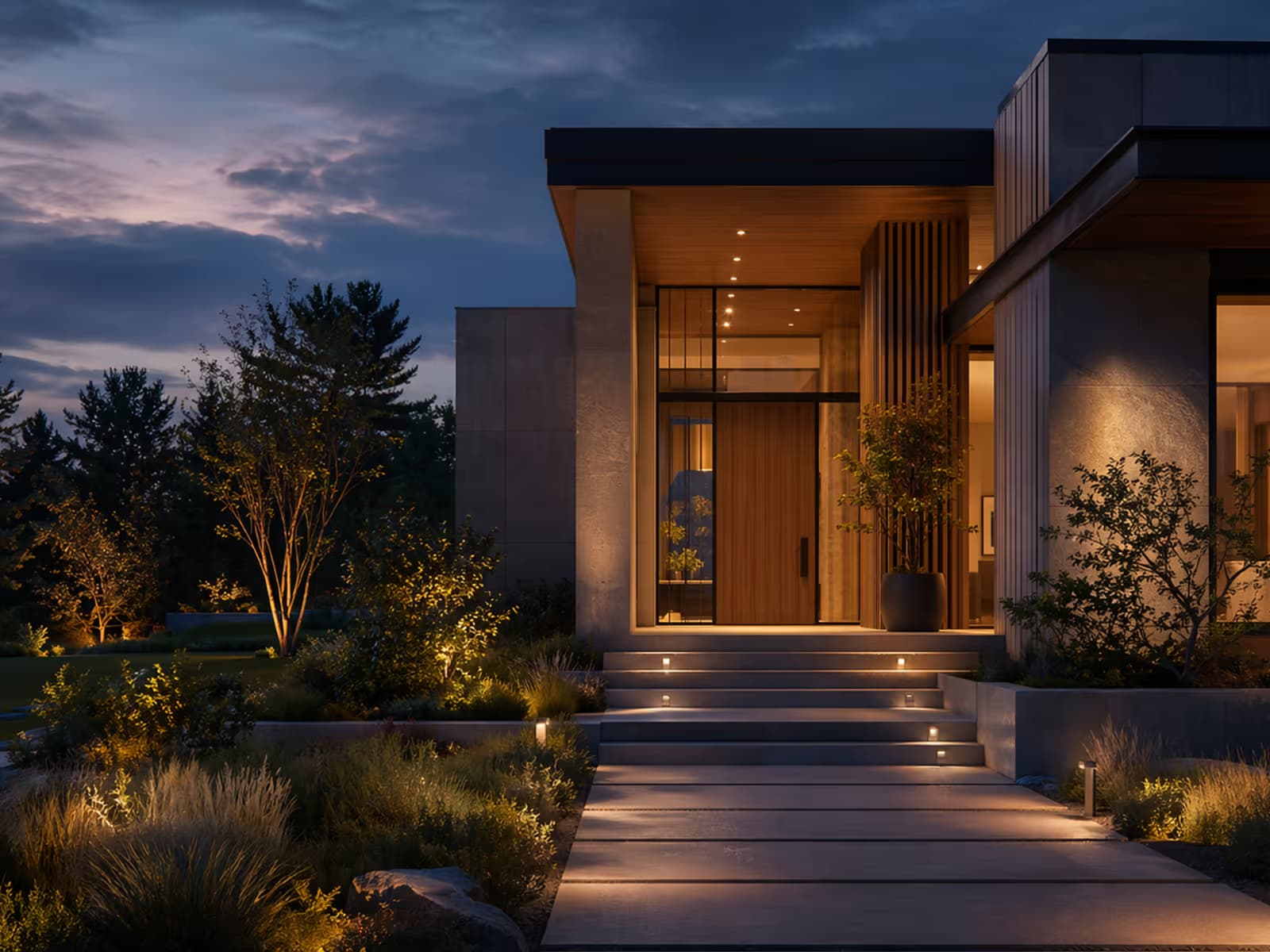Modern home exterior at blue hour used in the final renewal call to action.