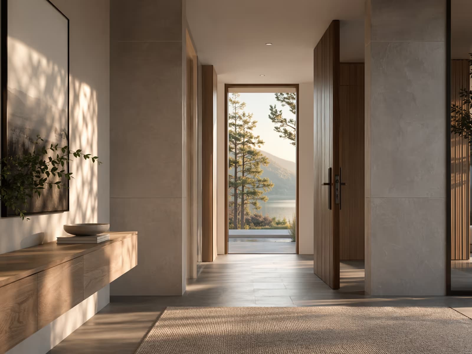 Architectural renewal hero scene with a calm residential threshold and early light.