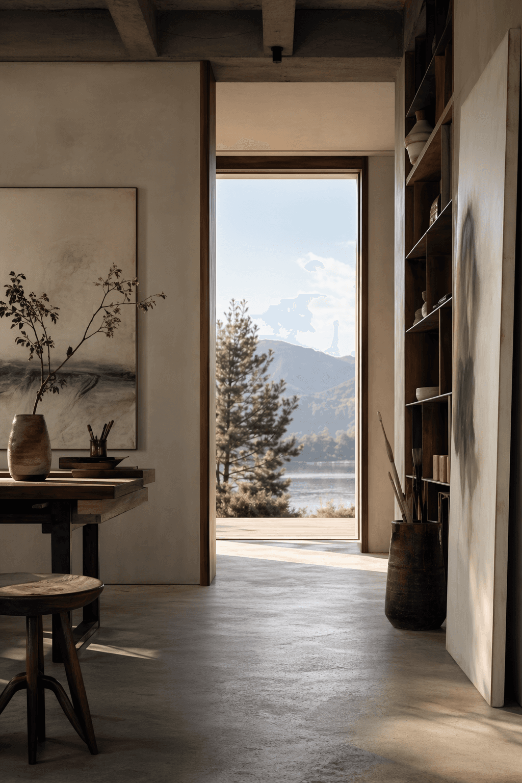 Calm self-employed mortgage hero artwork with an entrepreneurial studio and architectural light.