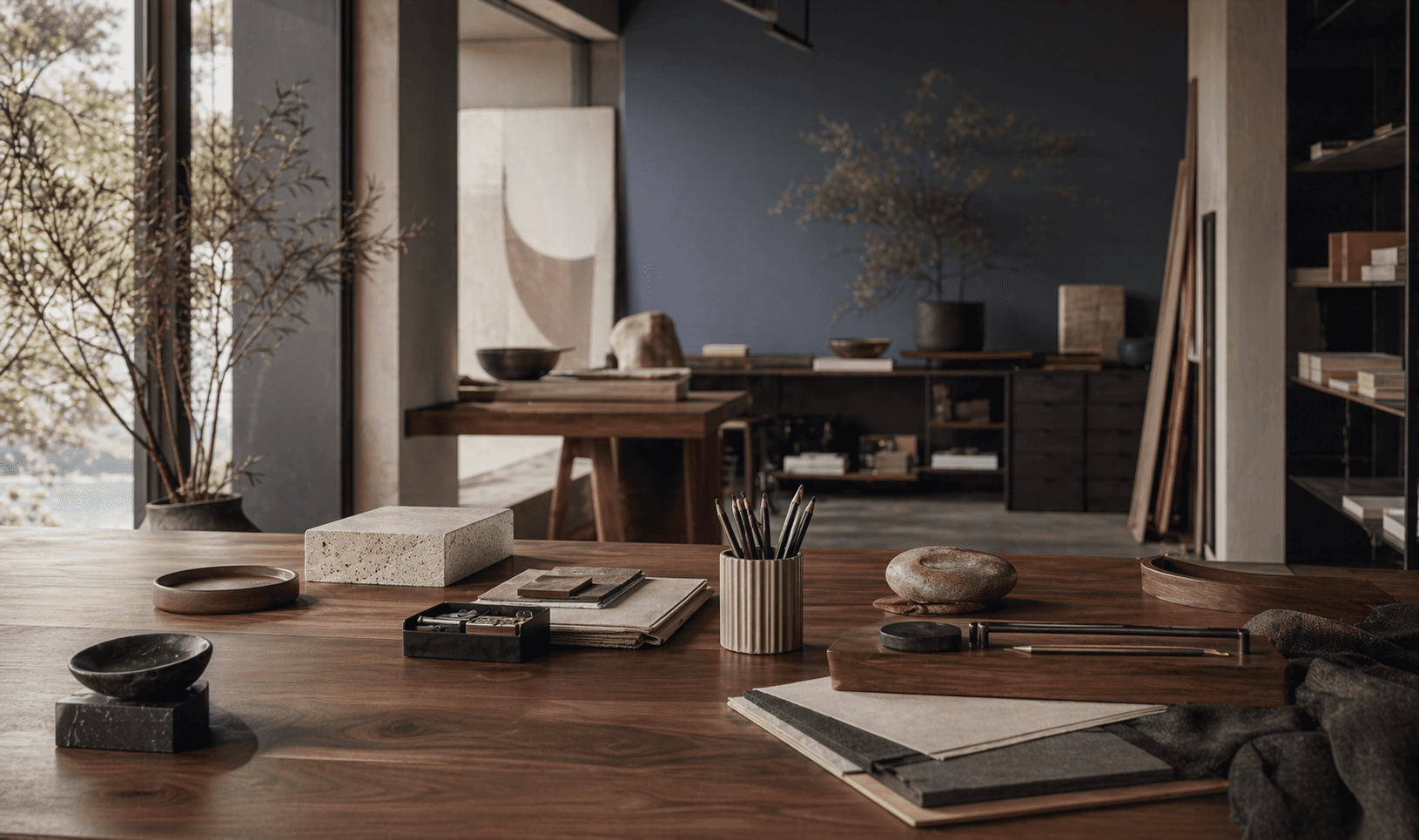 Self-employed mortgage planning artwork showing calm evidence preparation and entrepreneurial structure.