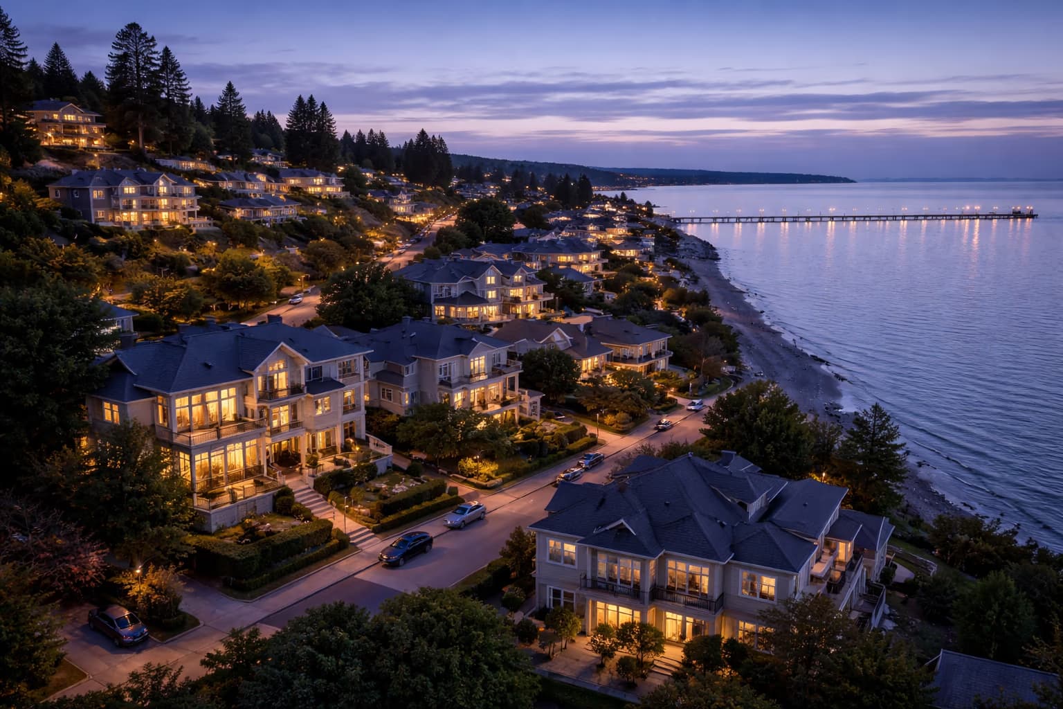 White Rock coastal homes at dusk