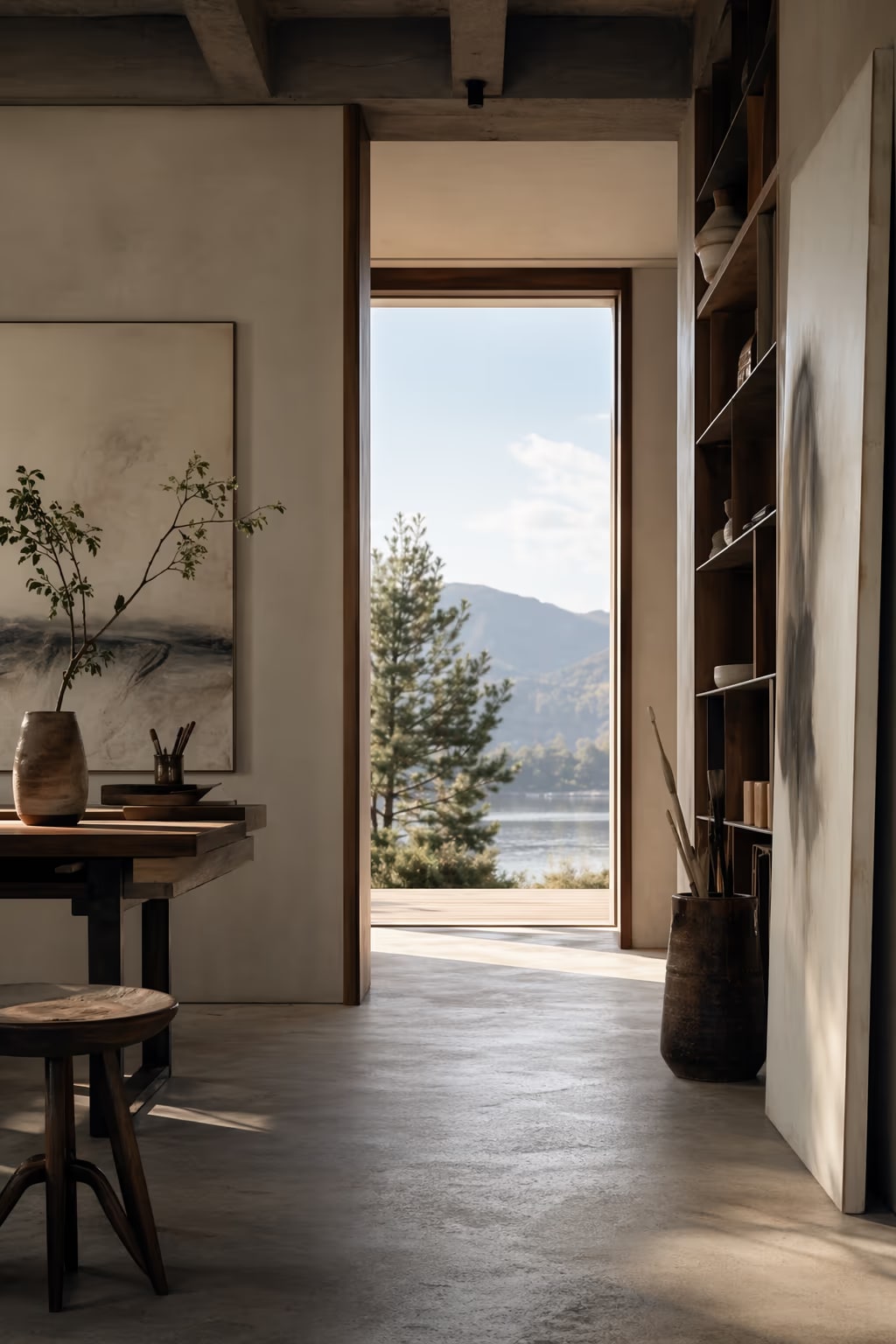 Calm self-employed mortgage hero artwork with an entrepreneurial studio and architectural light.