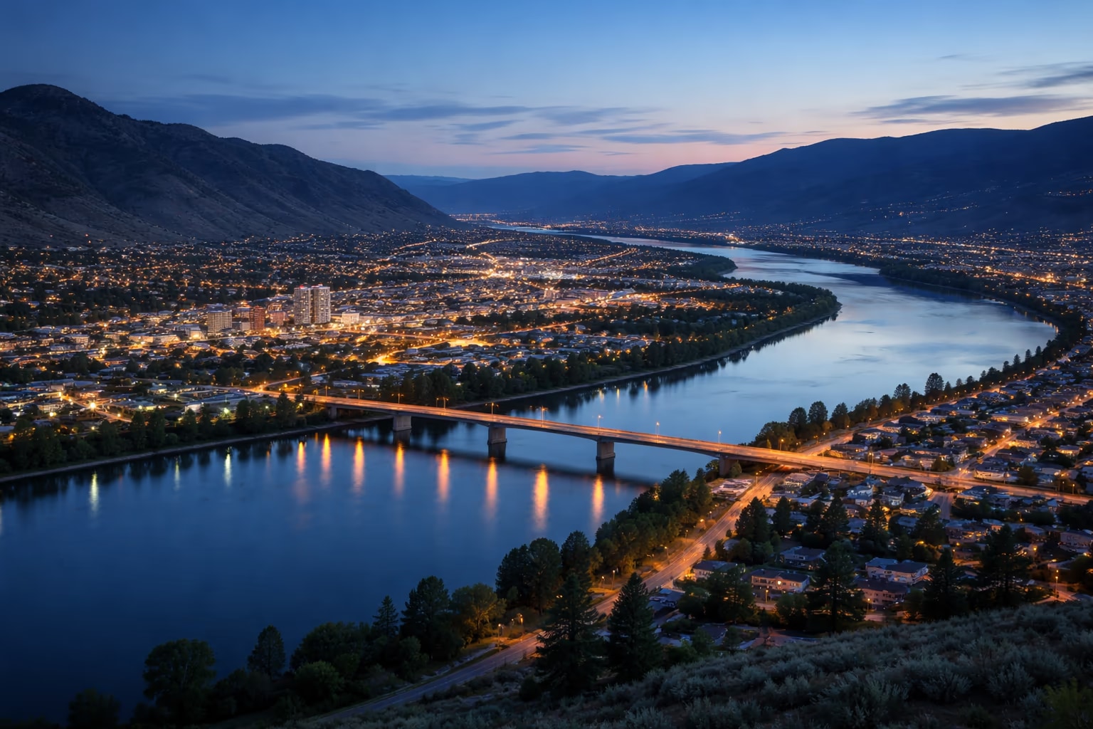 Interior BC valley and residential landscape at blue hour
