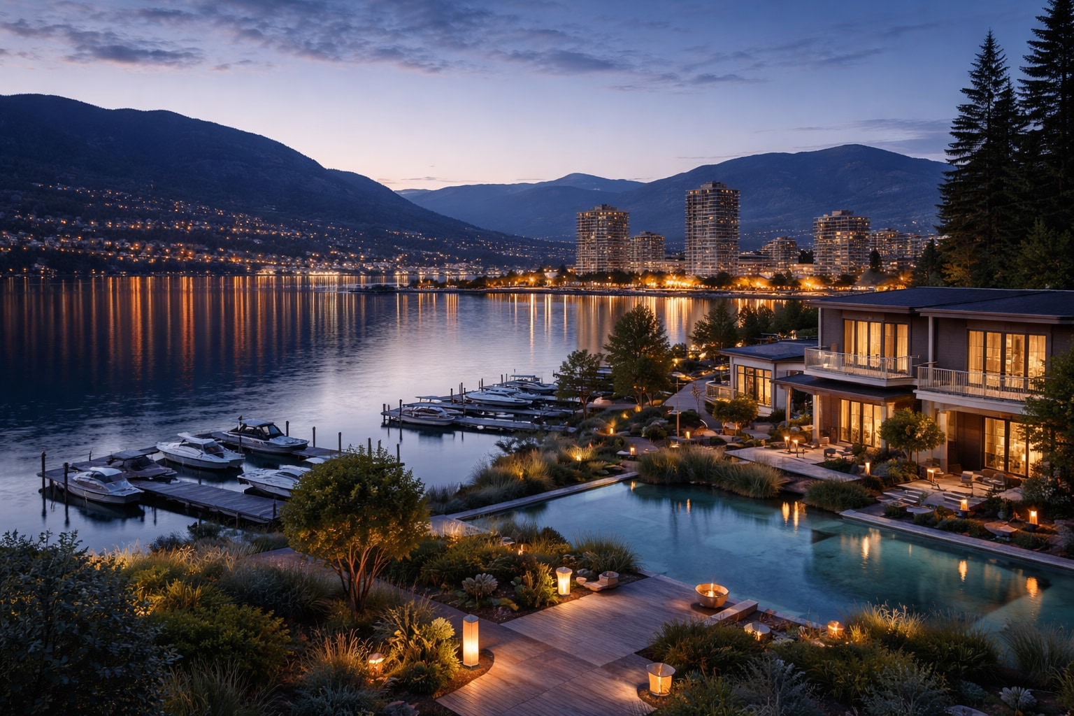 Interior BC waterfront residential scene in the evening