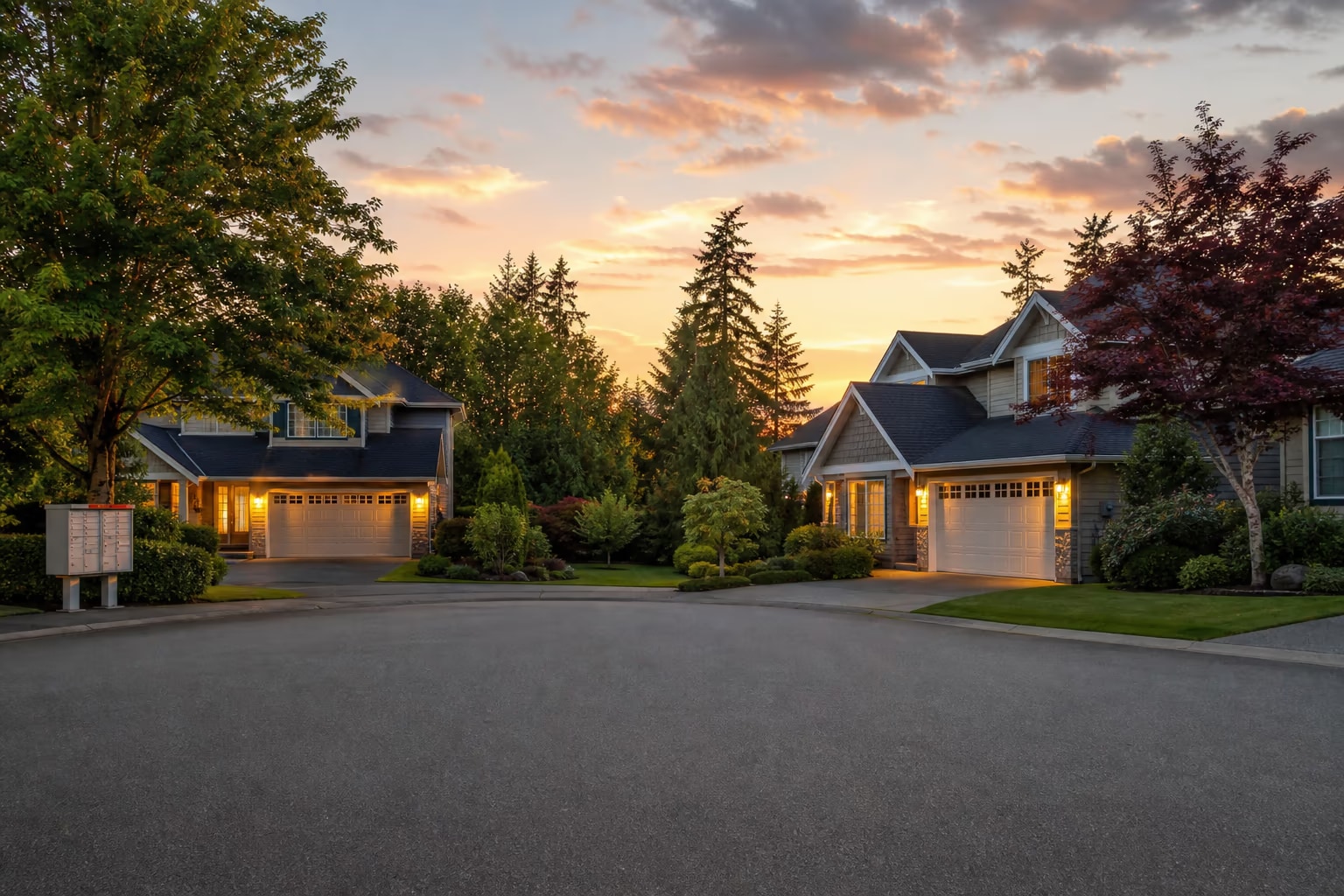 Quiet Langley cul-de-sac at evening with warm porch lights and mature trees