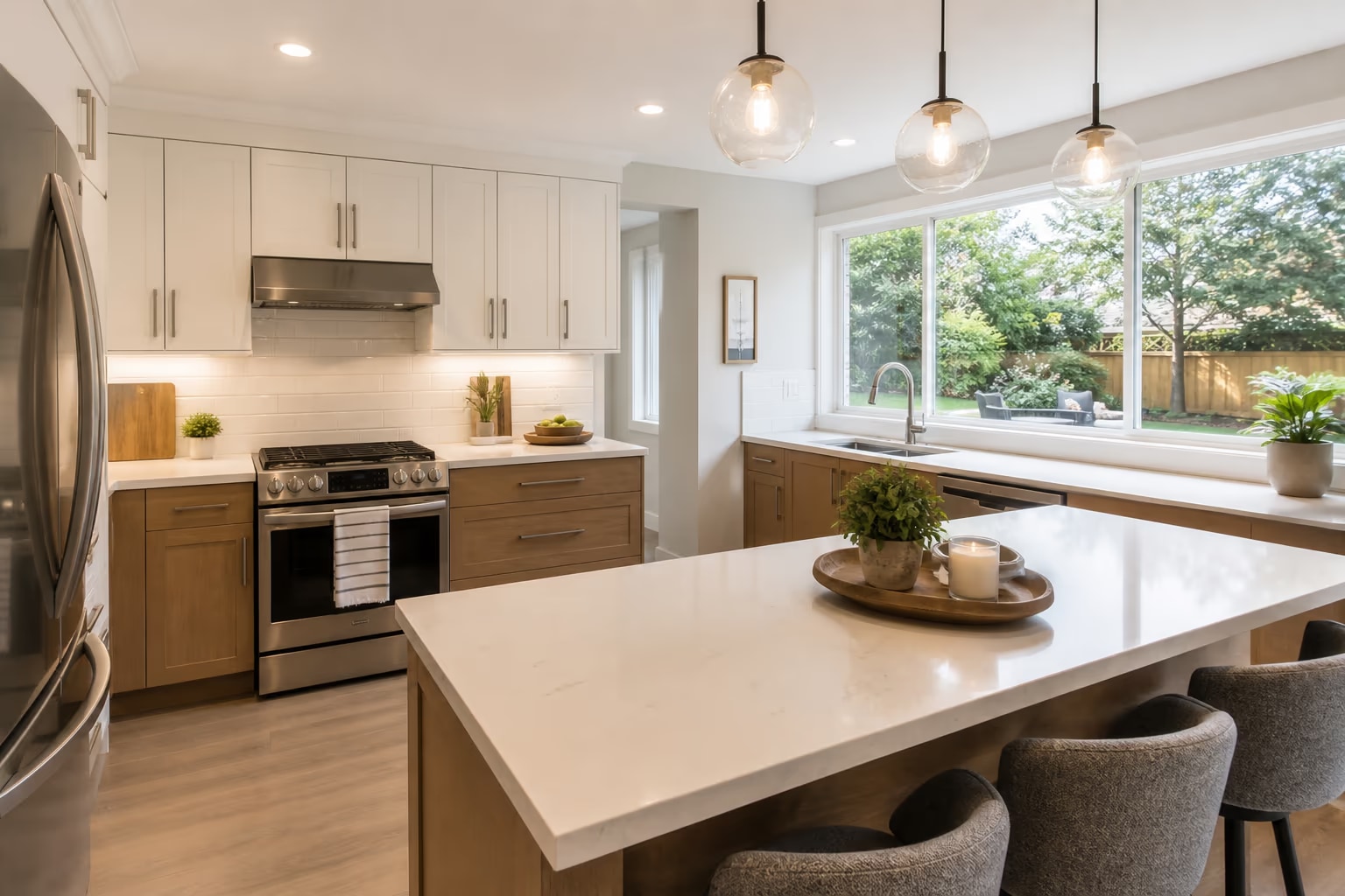 Bright modern kitchen interior with natural light overlooking a garden — home planning context