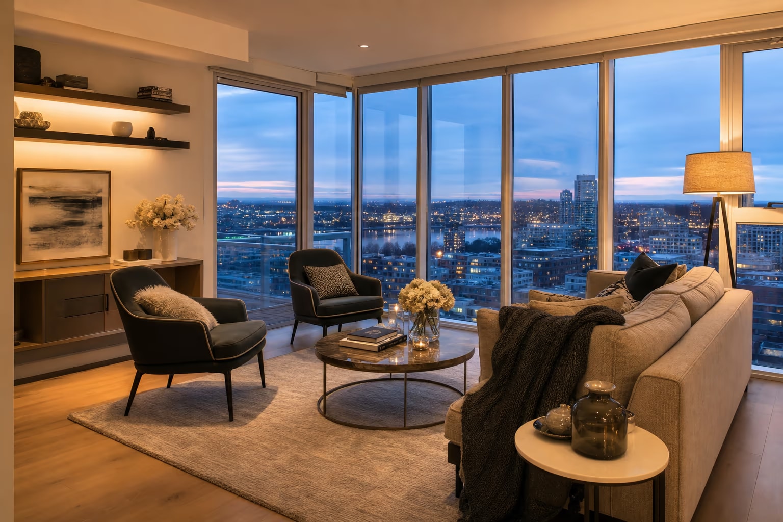 Cozy Richmond condo living room with floor-to-ceiling city-view windows and warm lighting