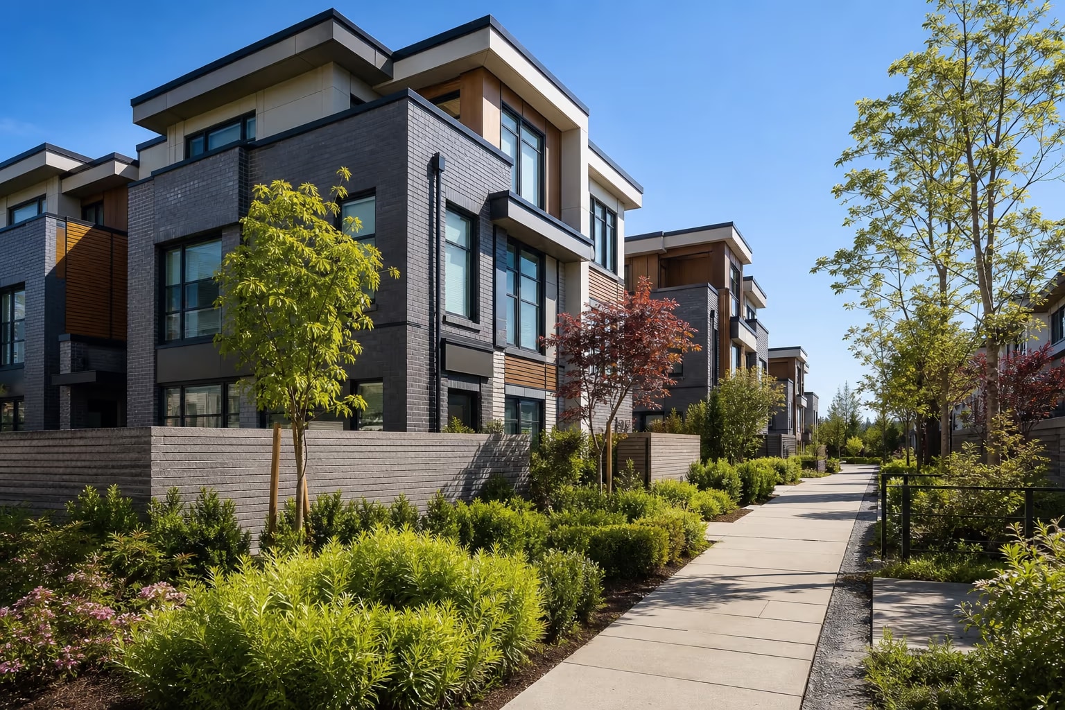 Richmond townhome complex at daytime with clean architecture and community landscaping