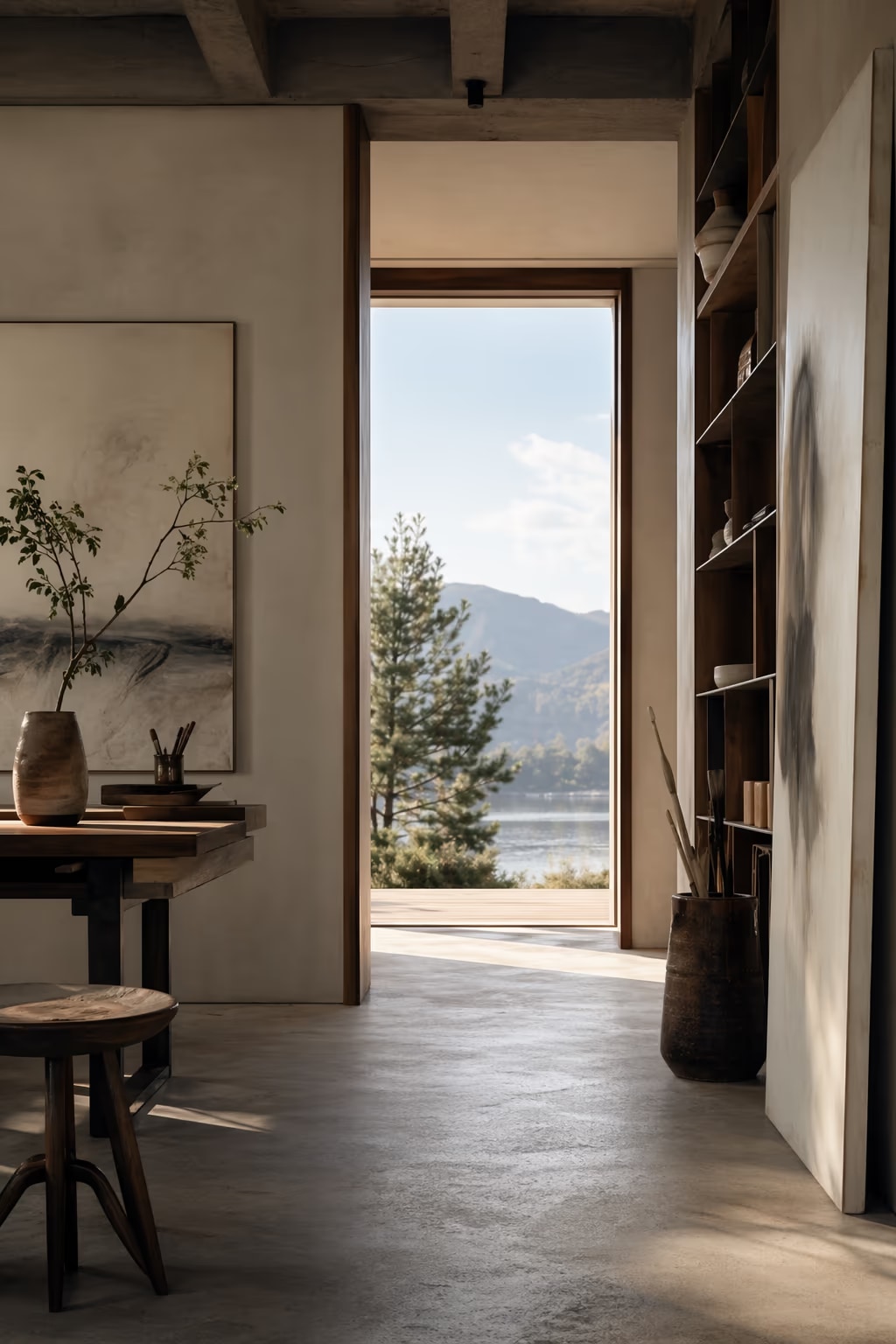 Calm self-employed mortgage hero artwork with an entrepreneurial studio and architectural light.