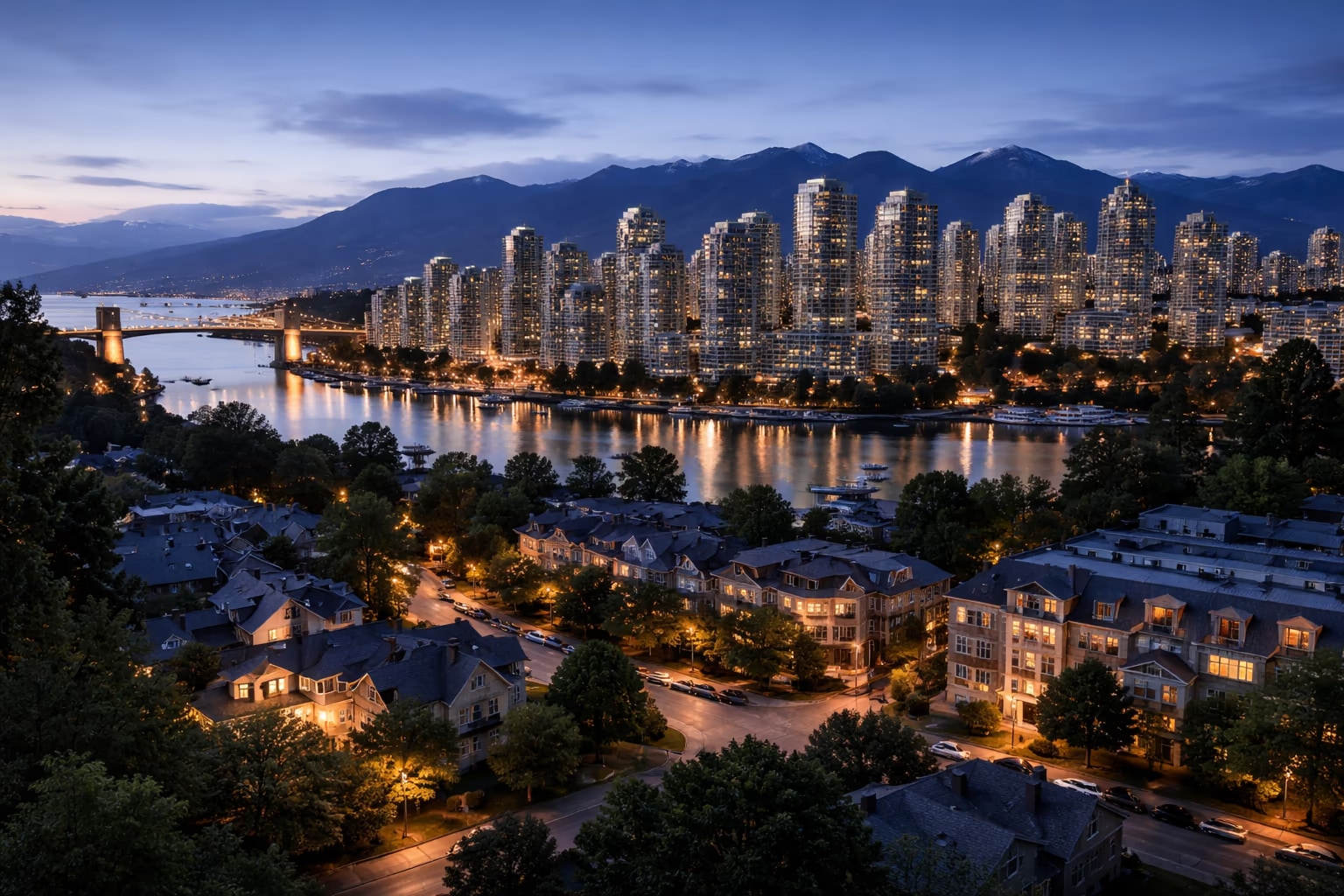 Vancouver skyline with residential blue hour lighting
