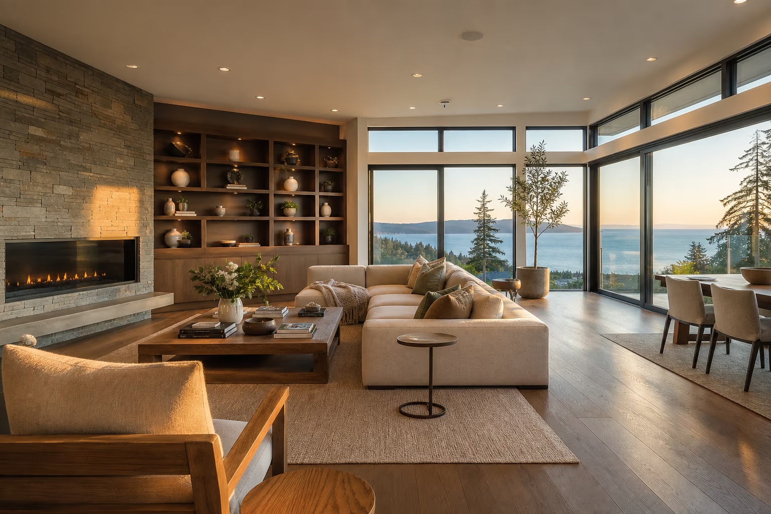 Elegant West Vancouver living room with panoramic ocean-view windows and modern fireplace