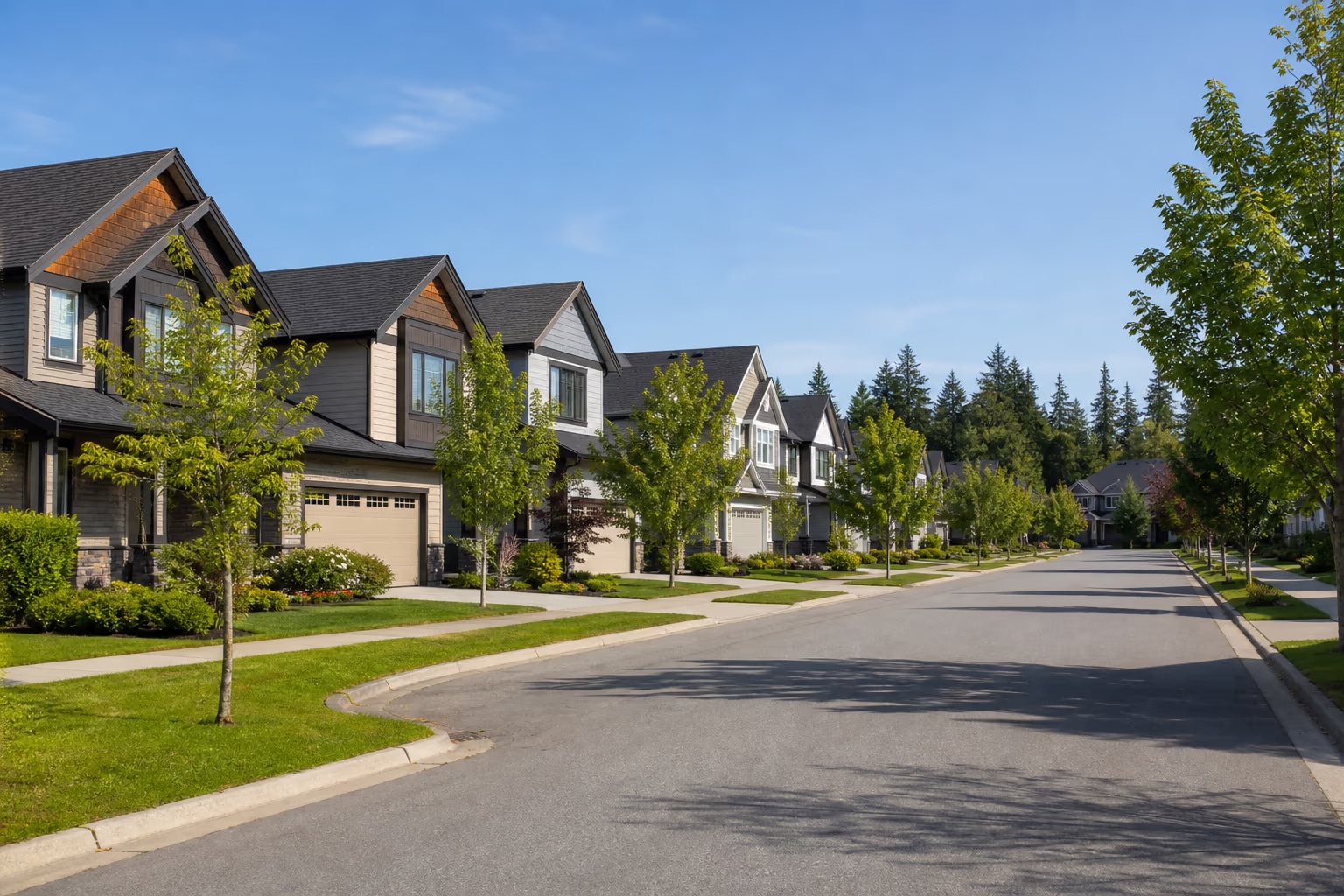 Modern Langley neighborhood street with tree-lined sidewalks and well-maintained homes