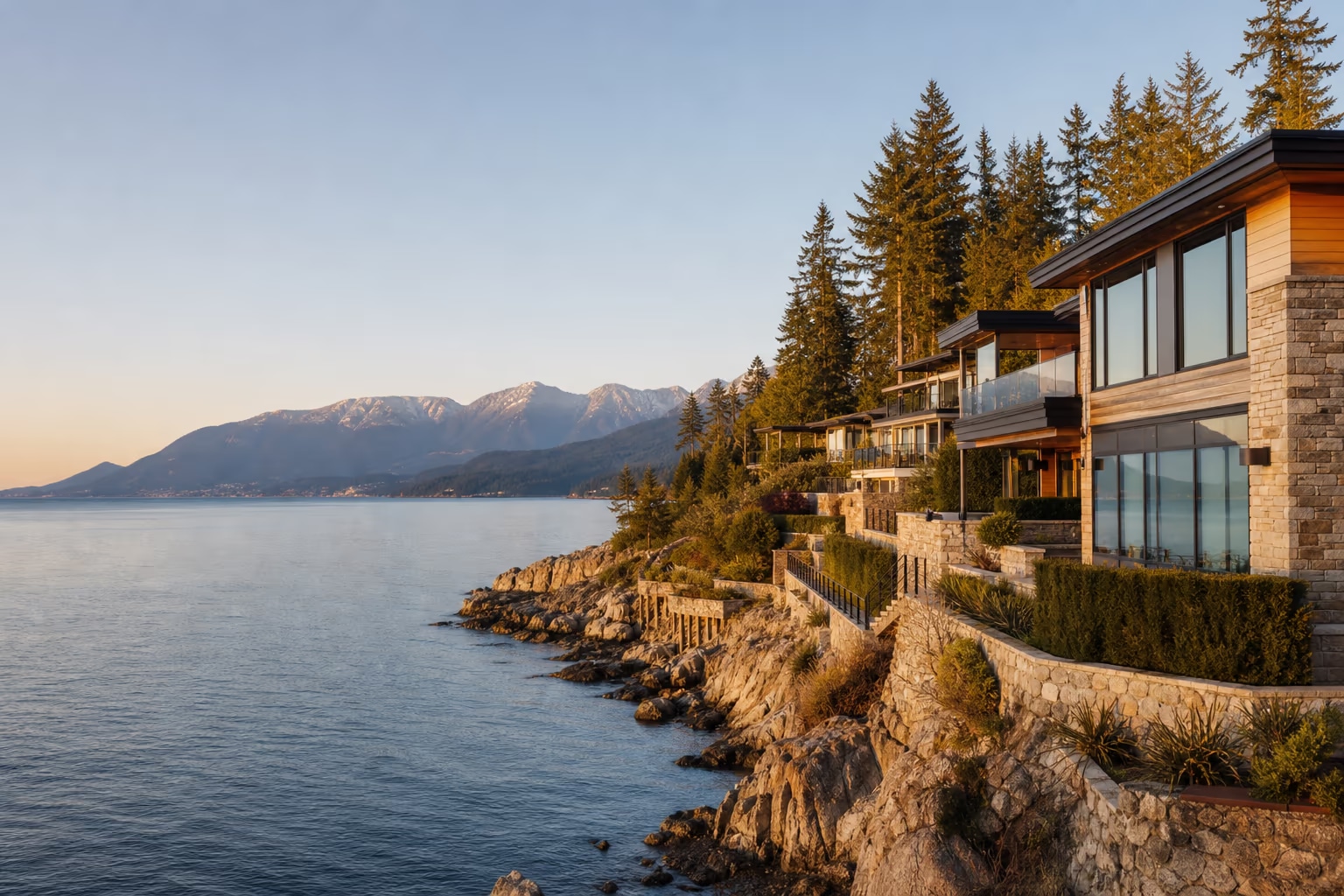 West Vancouver waterfront homes at late afternoon with North Shore mountains in distance