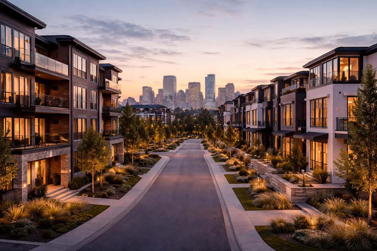 Calgary condo and townhome district at dusk with downtown in the background