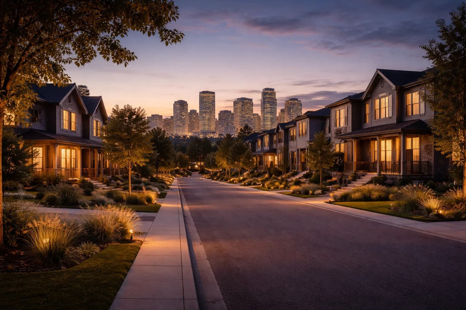 Calgary neighbourhood street in the evening with a warm city glow and skyline beyond