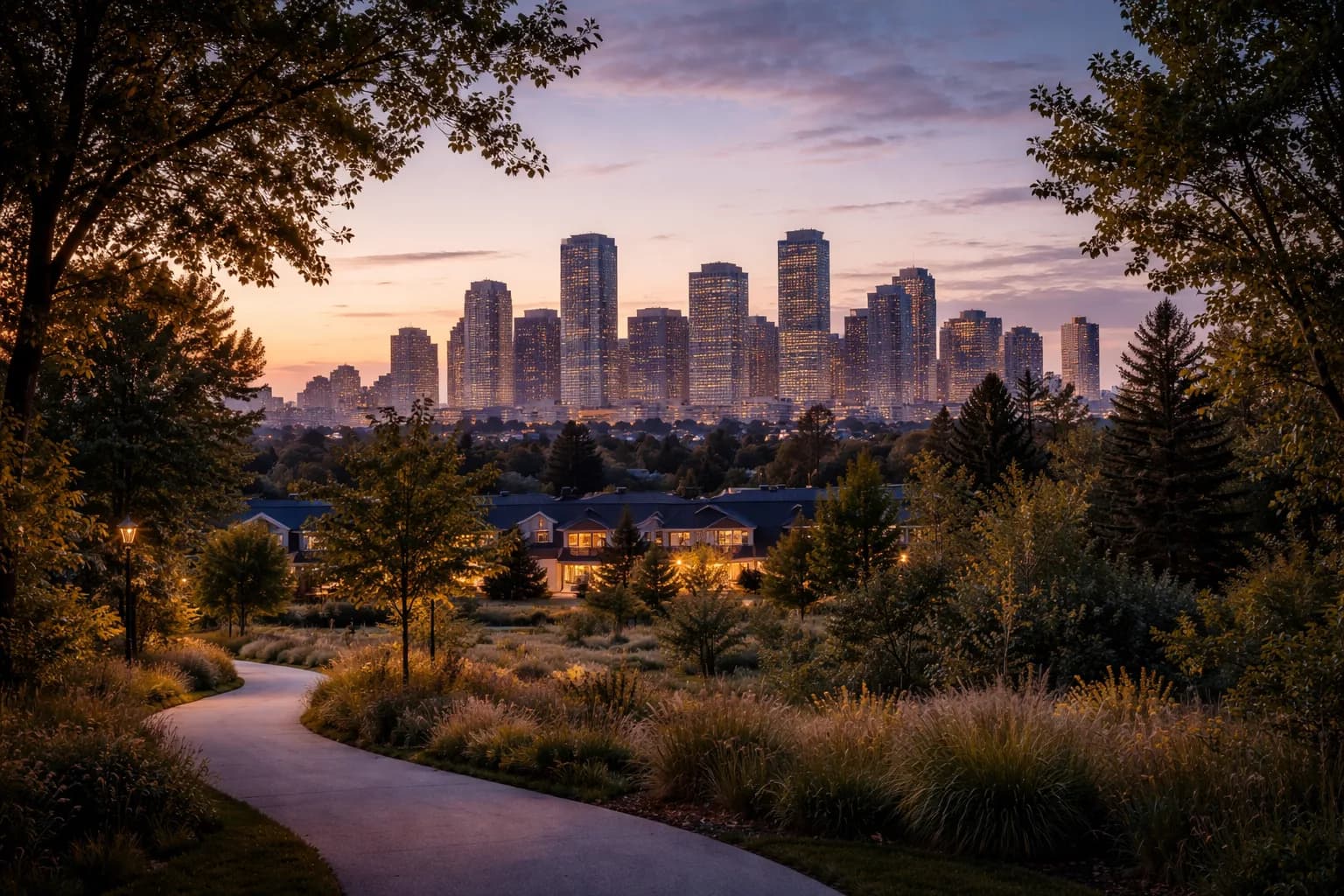 Calgary skyline from a landscaped pathway at dusk