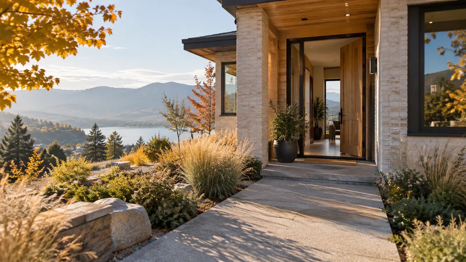 Illustrative cedar and pale brick home entrance in autumn Okanagan light