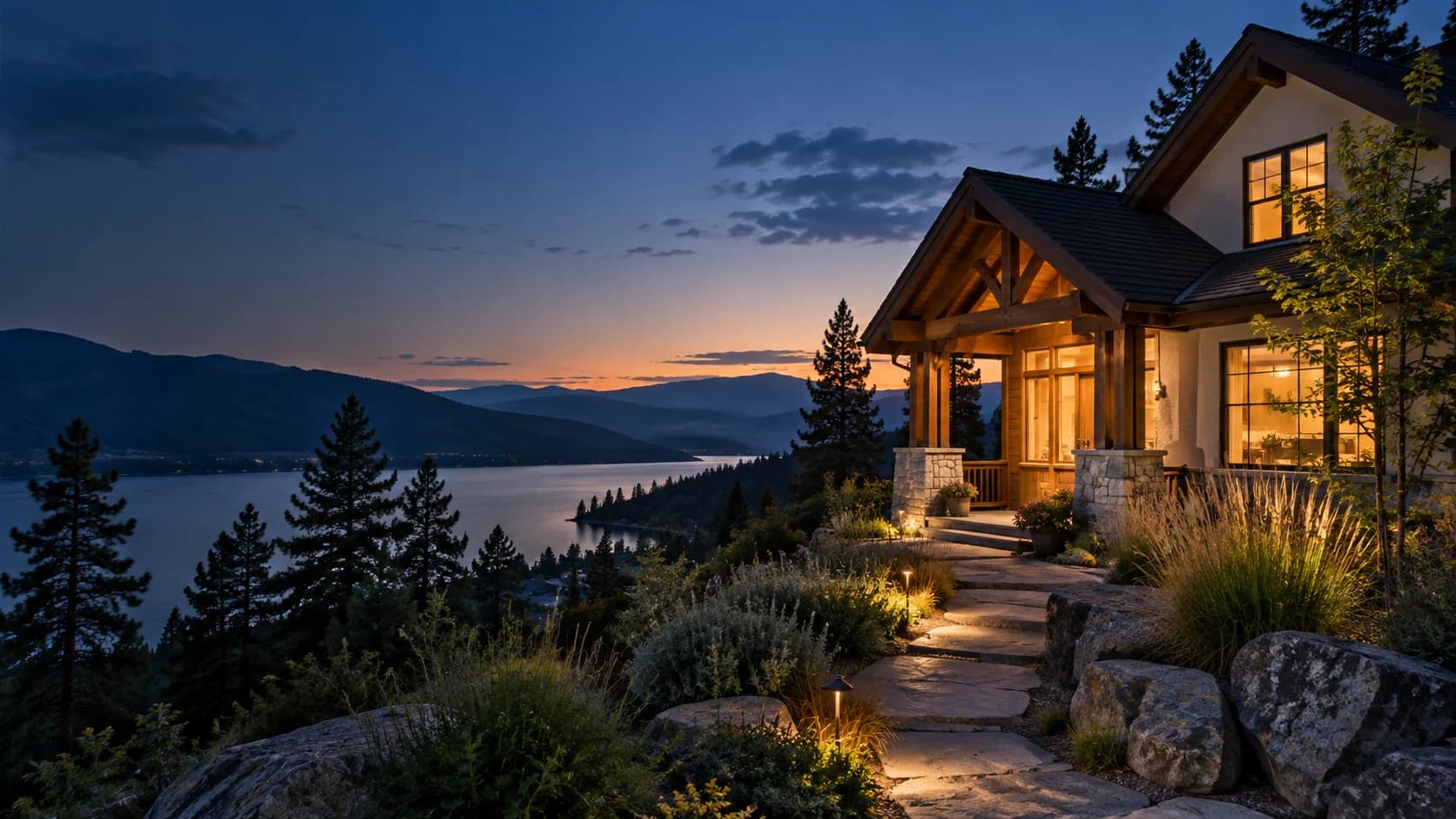 Illustrative Canadian hillside home with warm windows overlooking a lake at blue hour