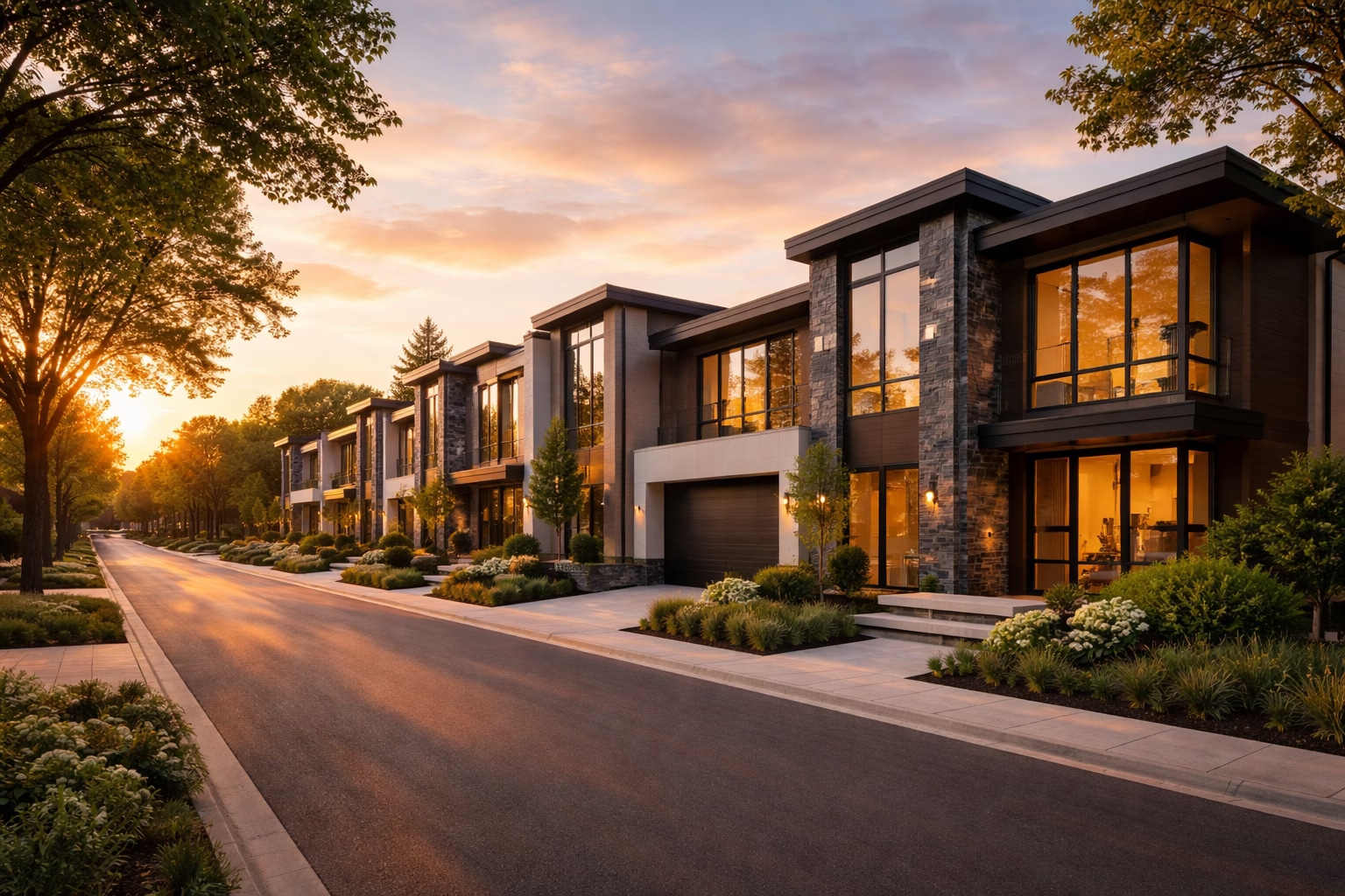 Edmonton modern townhome street at sunset