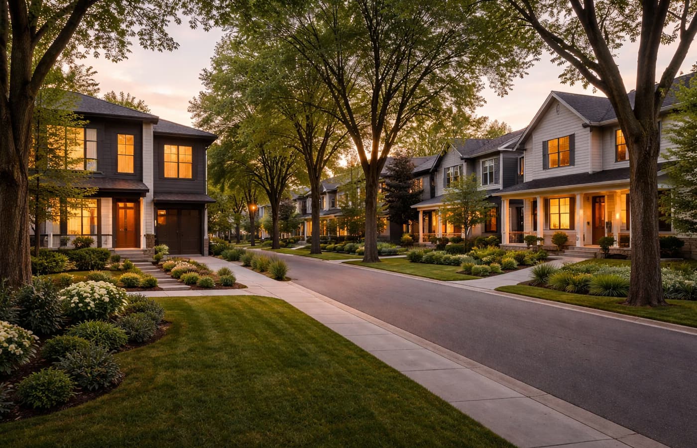Quiet Edmonton residential street at dusk