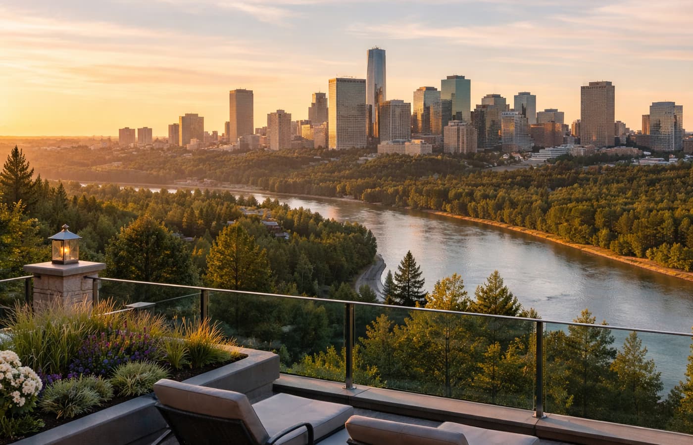 Edmonton skyline and the river valley at blue hour