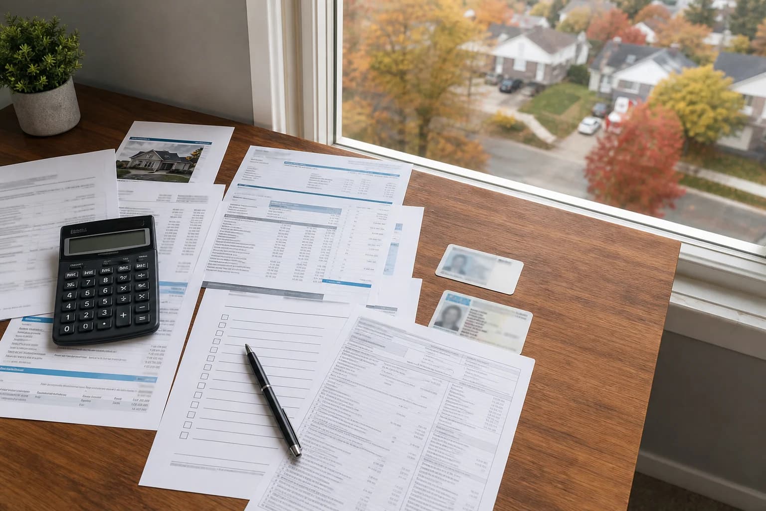 Flatlay of mortgage documents, calculator, and checklist — representing organized document preparation for Canadian mortgage applications.