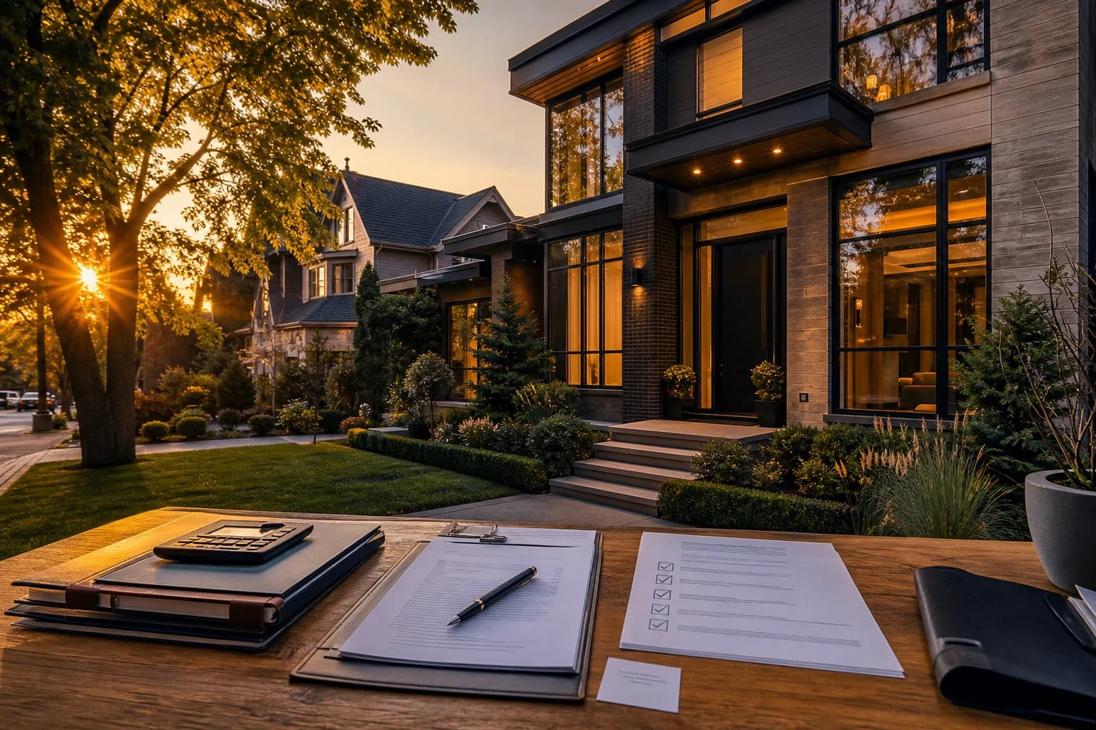 Organized mortgage application documents arranged on a clean desk — representing the Canadian mortgage document checklist for pre-approval, purchase, renewal, and refinance.