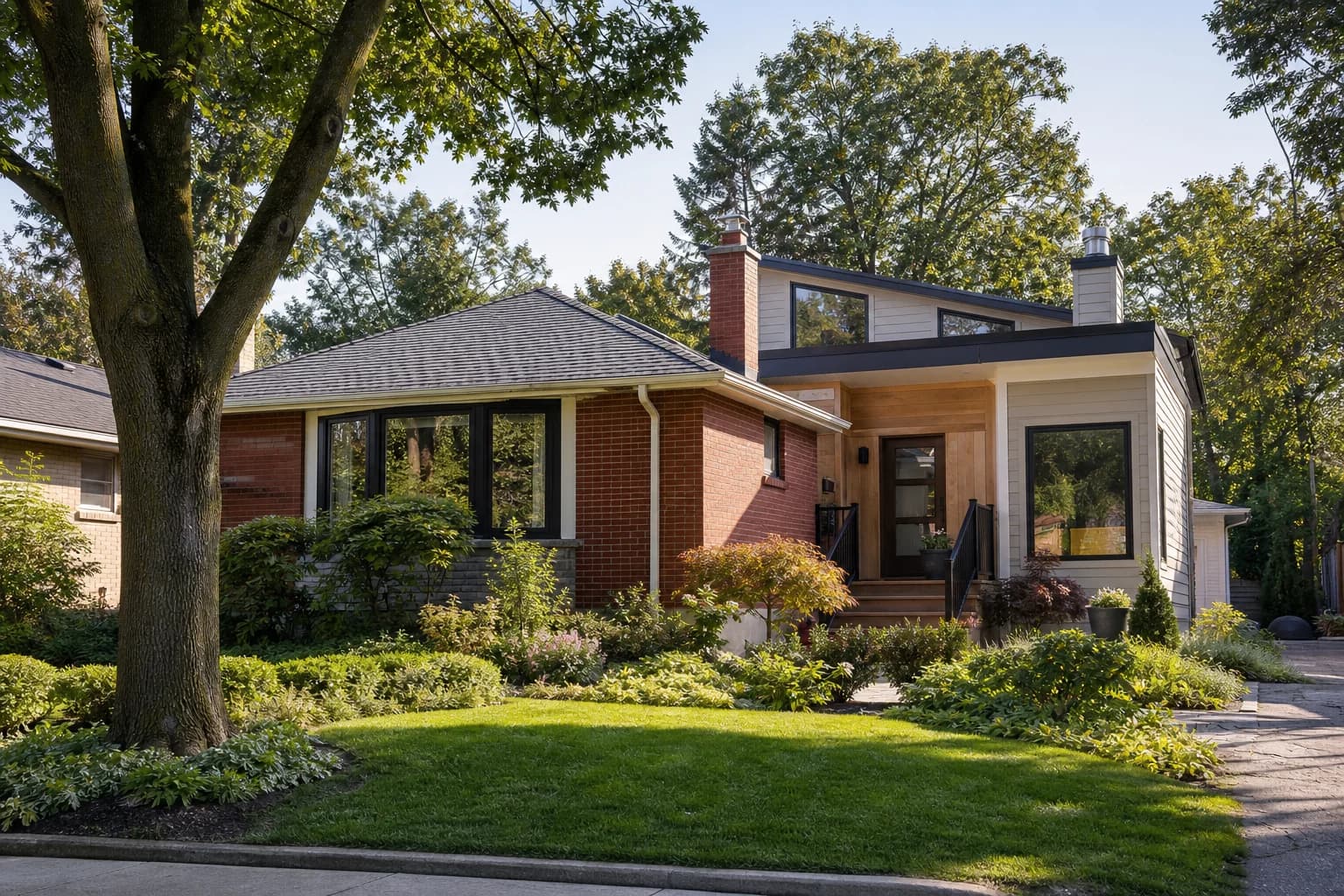 Canadian family home in a quiet suburban neighborhood with mature trees — representing family property transfers and non-arm's-length mortgage transactions.