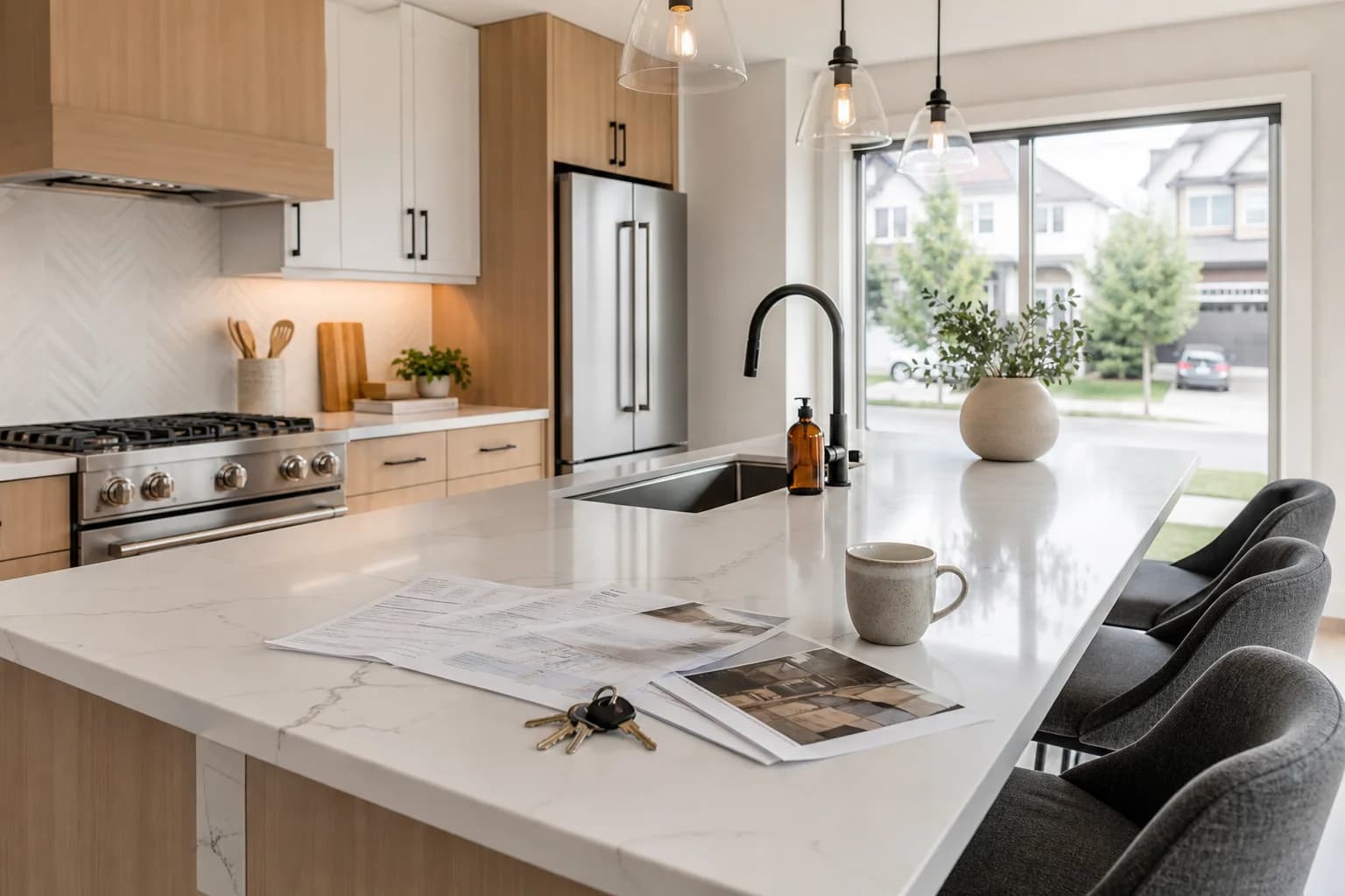Bright modern Canadian kitchen with keys and documents — first-time buyer rebates are the most powerful closing cost reduction tool.